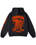 Anaheim Ice Hockey Hoodie, Black and Oragnge Heavyweight Hoodie, Large Skeleton Ice Hockey Character and ANAHEIM lettering arch'd above 
