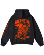 Anaheim Ice Hockey Hoodie, Black and Oragnge Heavyweight Hoodie, Large Skeleton Ice Hockey Character and ANAHEIM lettering arch'd above 
