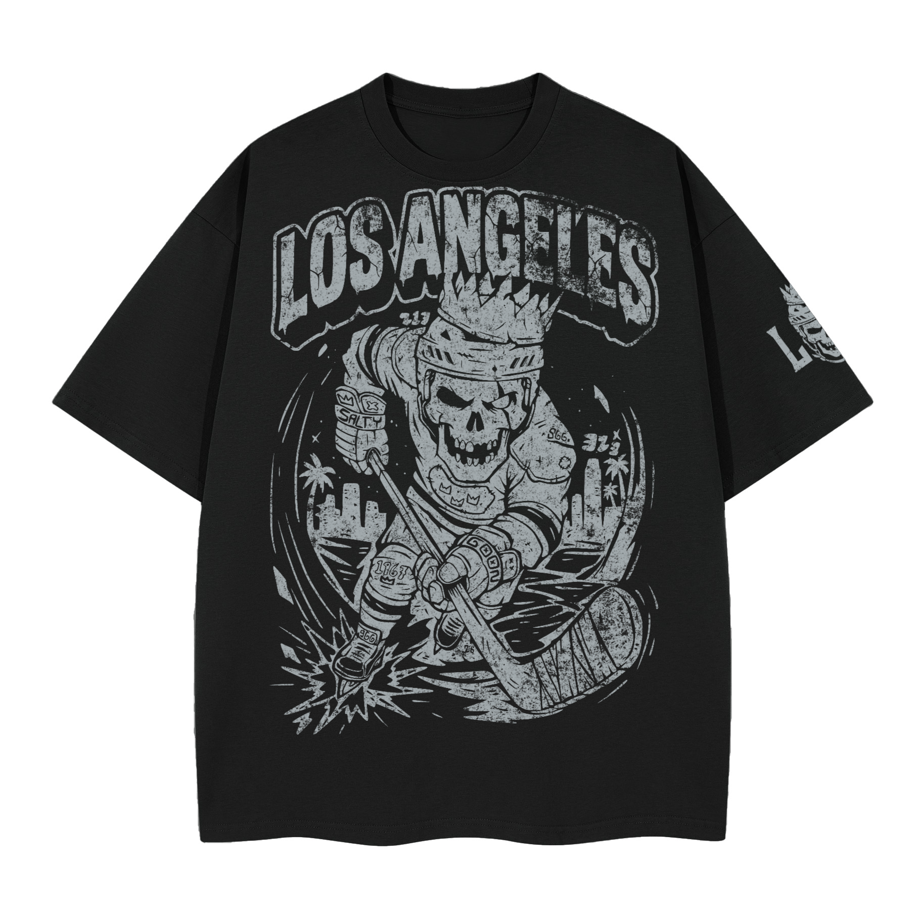 Los Angeles Royal Bones Front and Sleeve Black - Unisex Heavyweight Boxy T-Shirt (280GSM)
