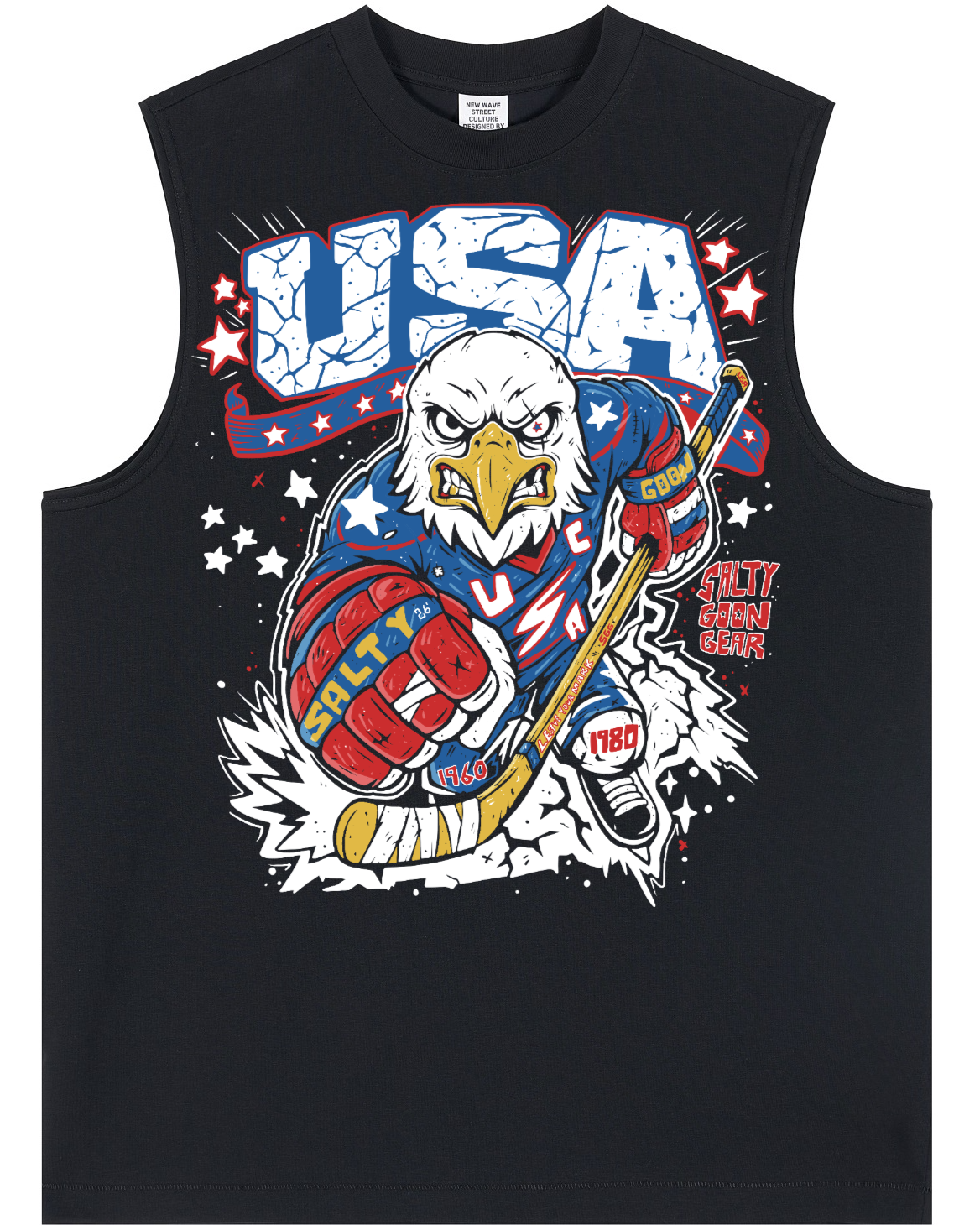 Black sleeveless shirt with an eagle graphic and 'USA' text on a white background