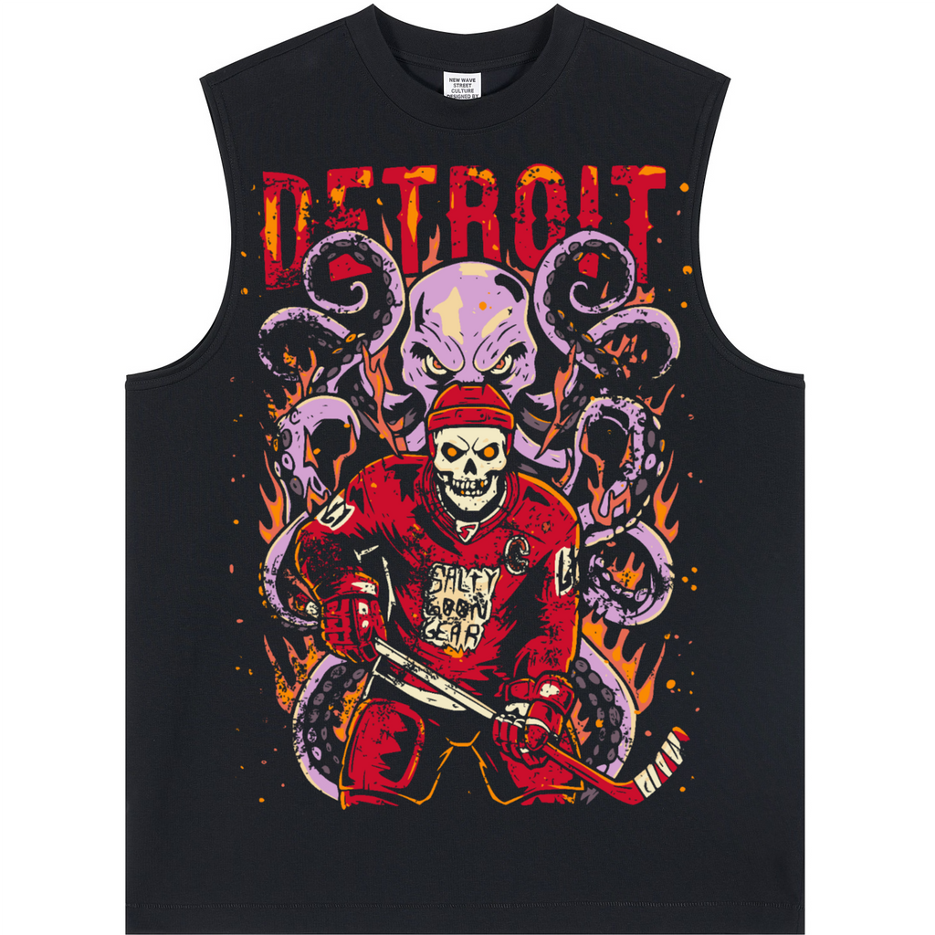 Black sleeveless shirt with a graphic design of a skeleton hockey player and 'Detroit' text on a white background.