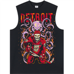 Black sleeveless shirt with a graphic design of a skeleton hockey player and 'Detroit' text on a white background.