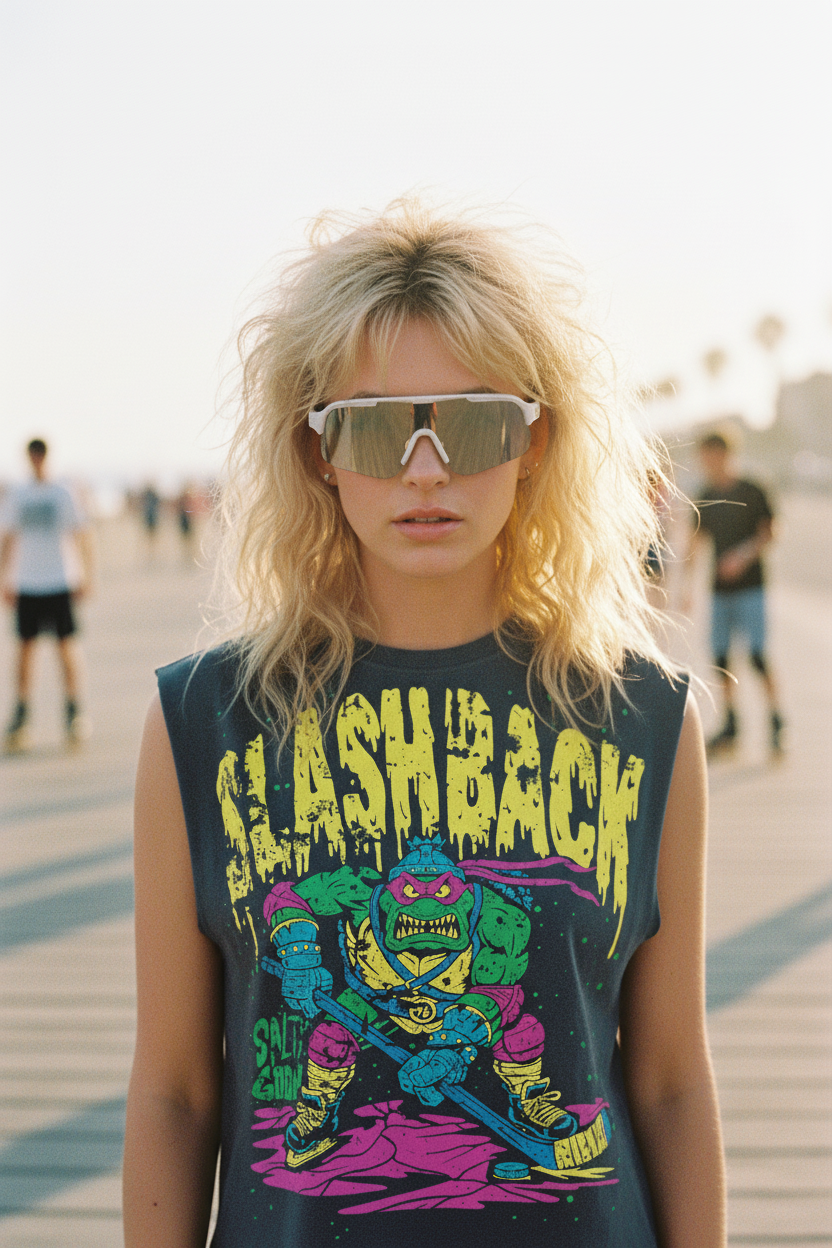 Person wearing a sleeveless shirt with 'SLASHBACK' graphic design on a beach.