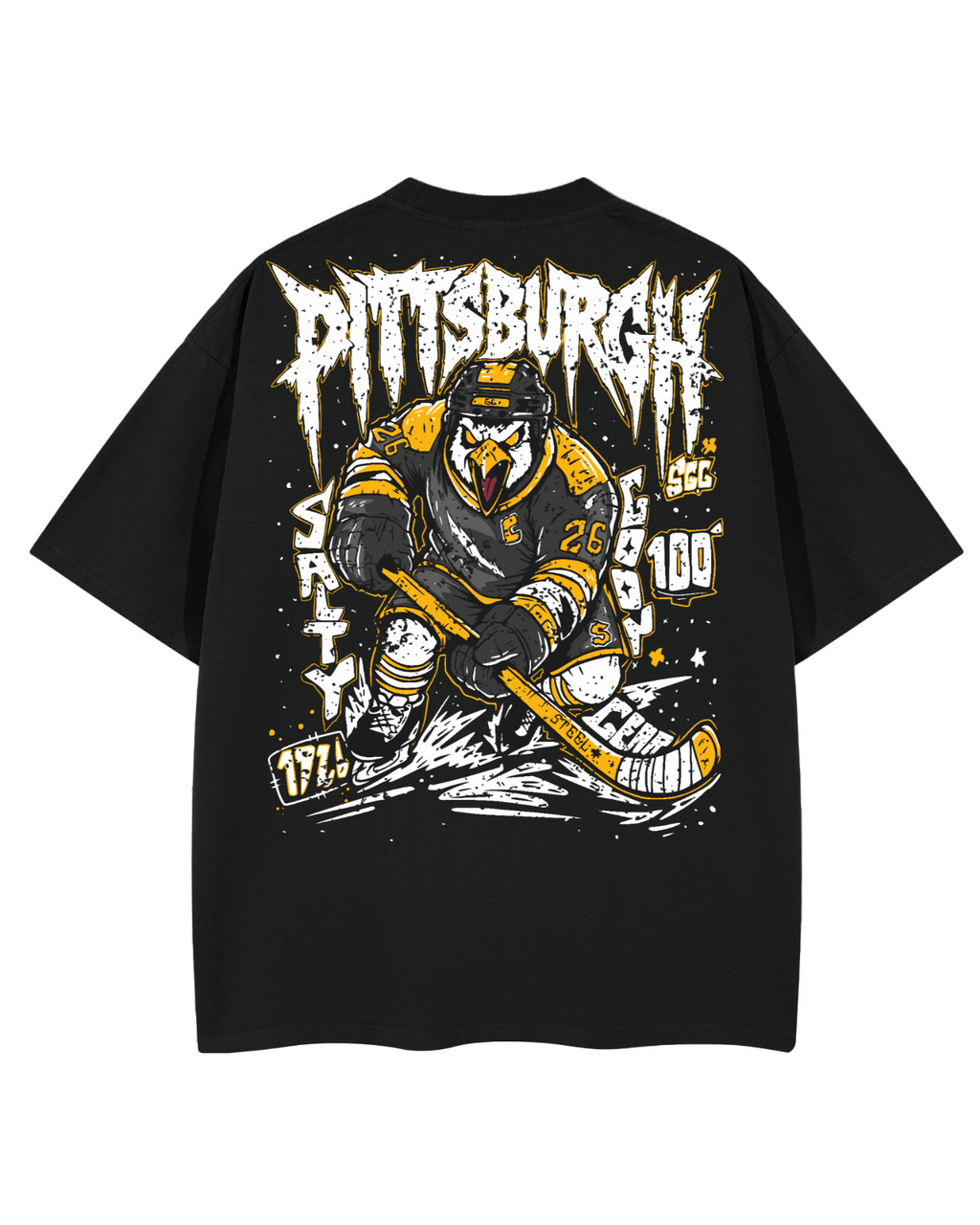 A black short-sleeve T-shirt shown flat against a white background, featuring a large back graphic of a hockey player in a Pittsburgh design with the word 'Pittsburgh' in a jagged white font and additional graphic text and accents in white and yellow.
