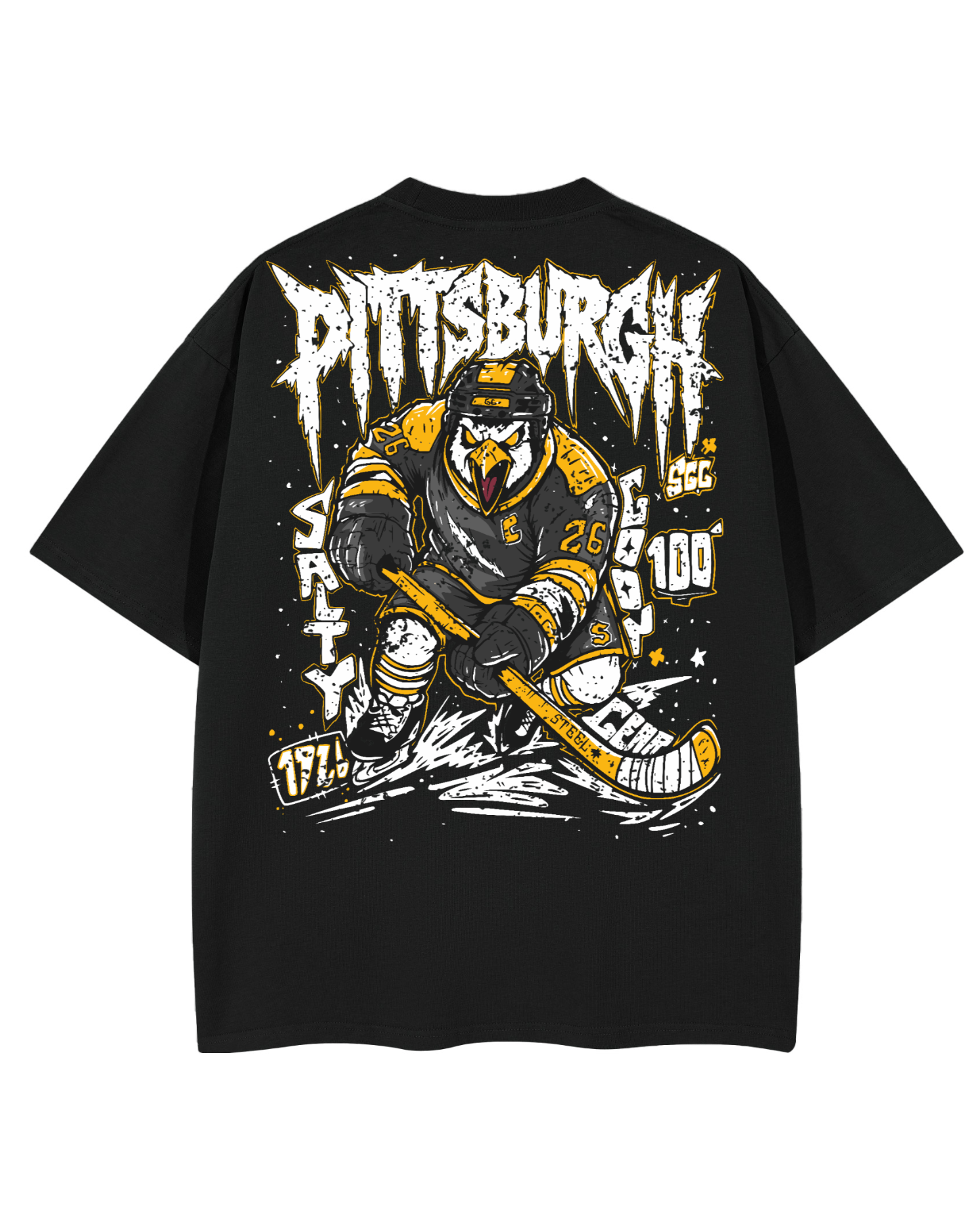 A black short-sleeve T-shirt shown flat against a white background, featuring a large back graphic of a hockey player in a Pittsburgh design with the word 'Pittsburgh' in a jagged white font and additional graphic text and accents in white and yellow.
