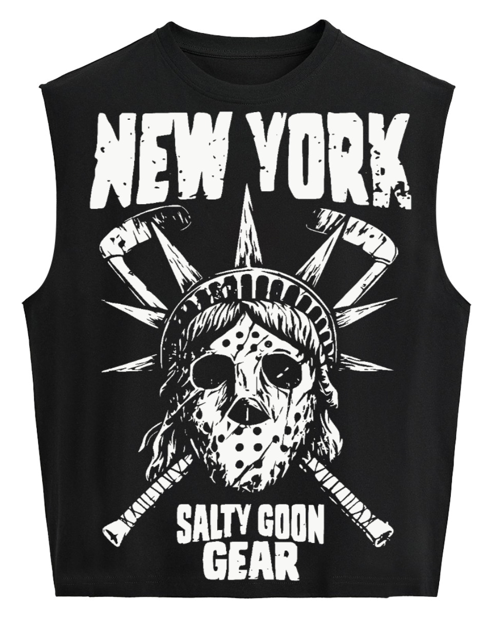 A black sleeveless tank top featuring a white graphic print of a hockey mask with the Statue of Liberty's crown, crossed hockey sticks, and distressed text reading 'NEW YORK' and 'SALTY GOON GEAR'.