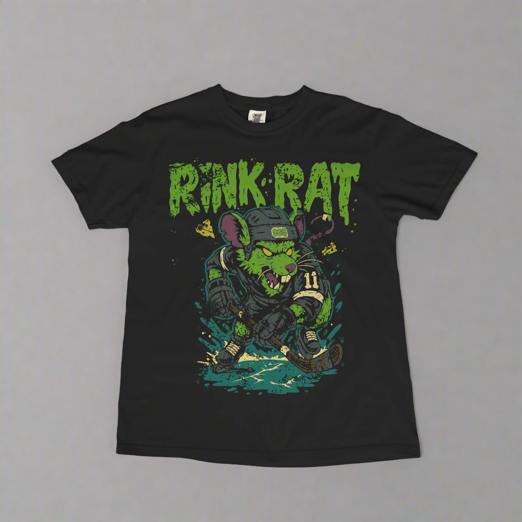 Black t-shirt with 'Pink Rat' graphic design on a textured surface ice hockey shirts 