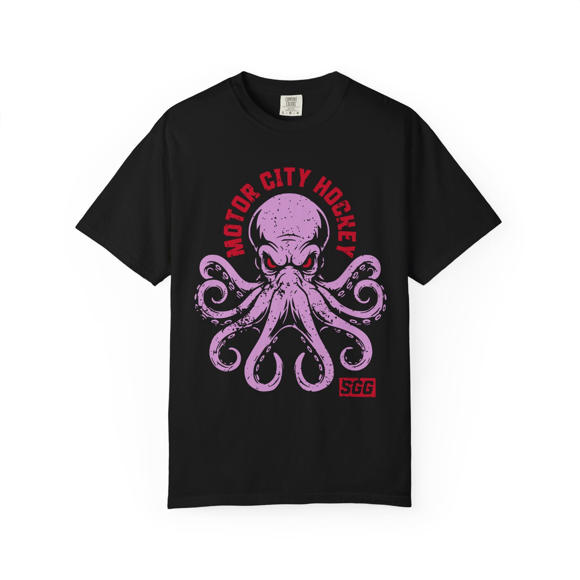 Black t-shirt with a pink octopus graphic and 'Motor City Hockey' text on a white background