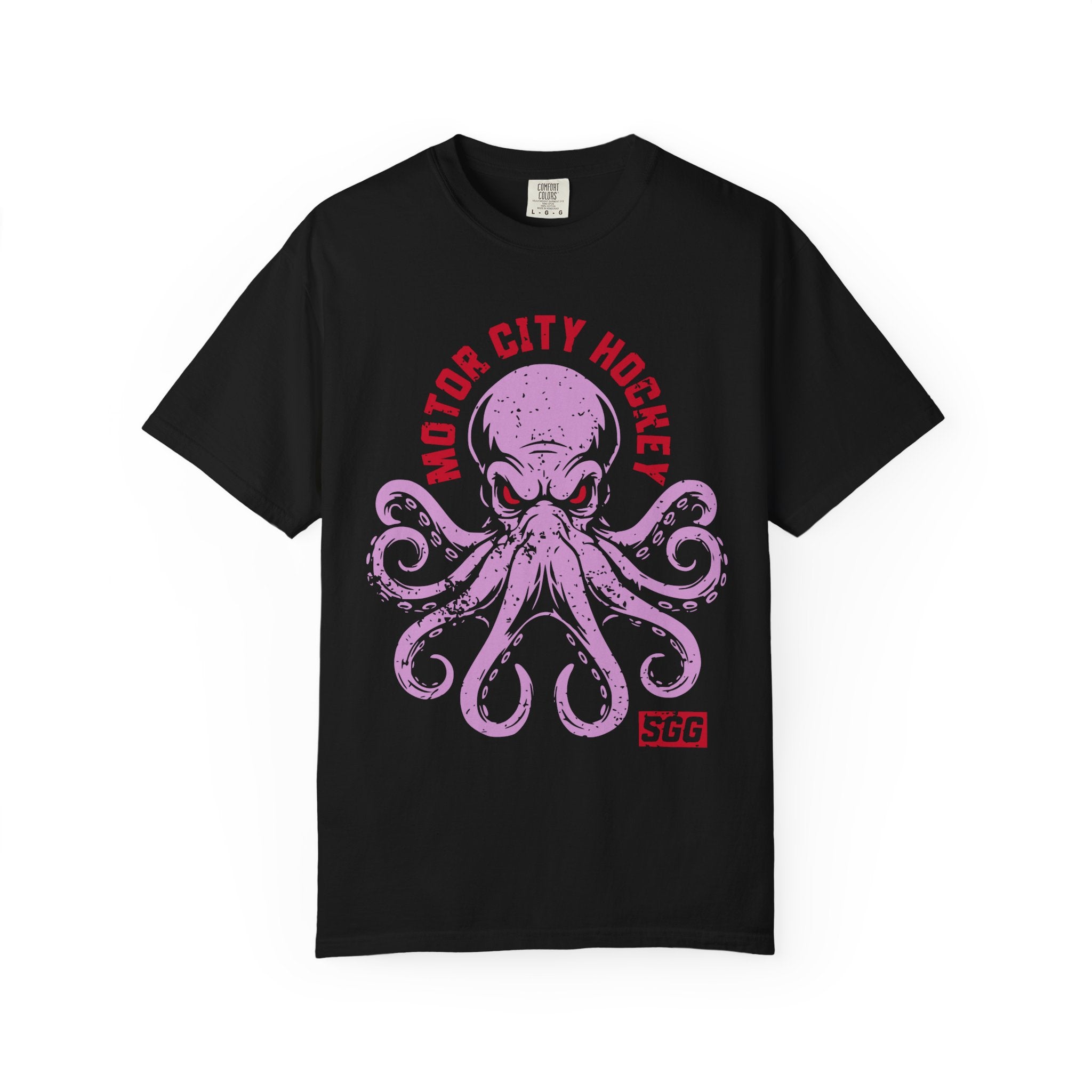 Black t-shirt with a pink octopus graphic and 'Motor City Hockey' text on a white background