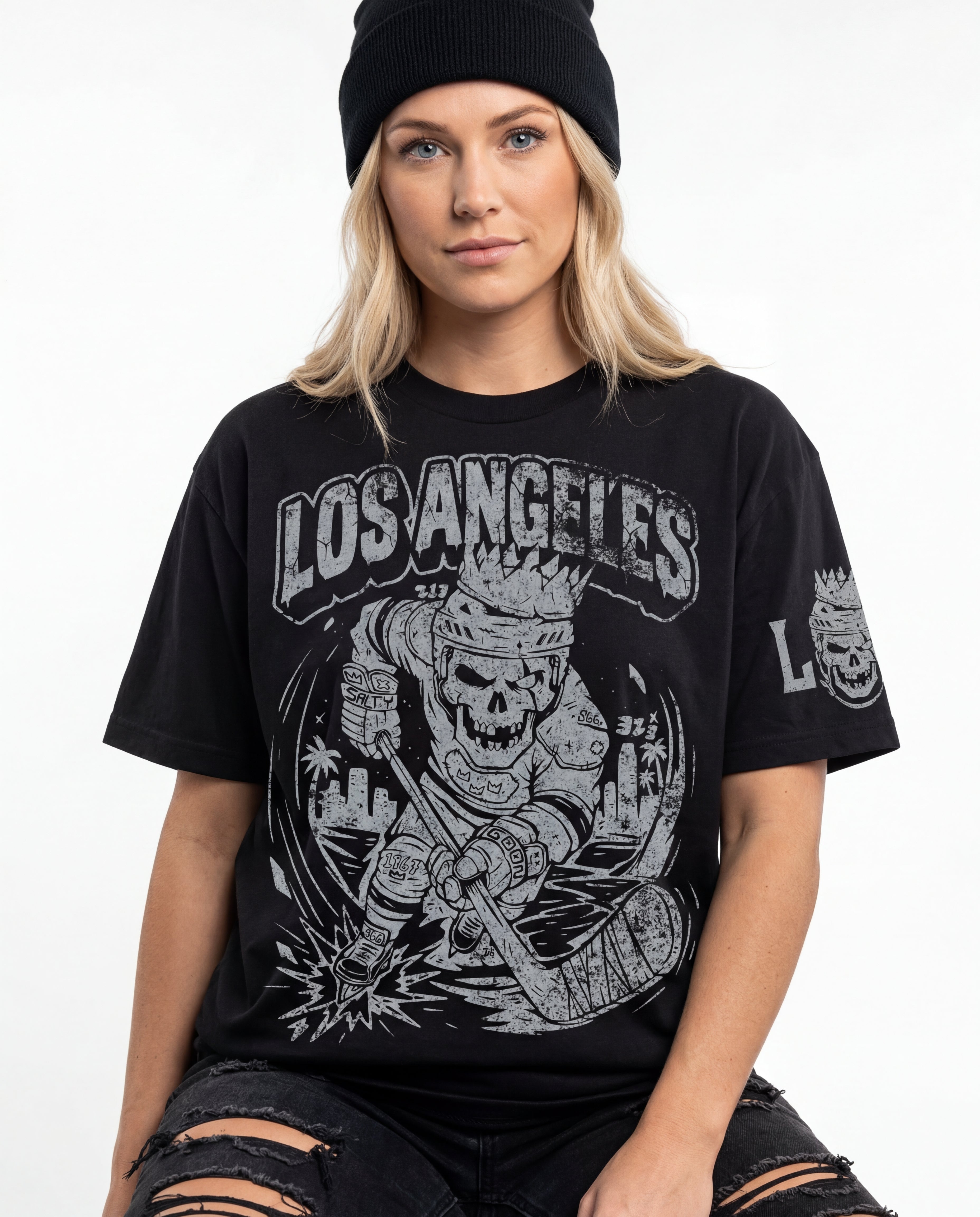 Los Angeles Royal Bones Front and Sleeve Black - Unisex Heavyweight Boxy T-Shirt (280GSM)