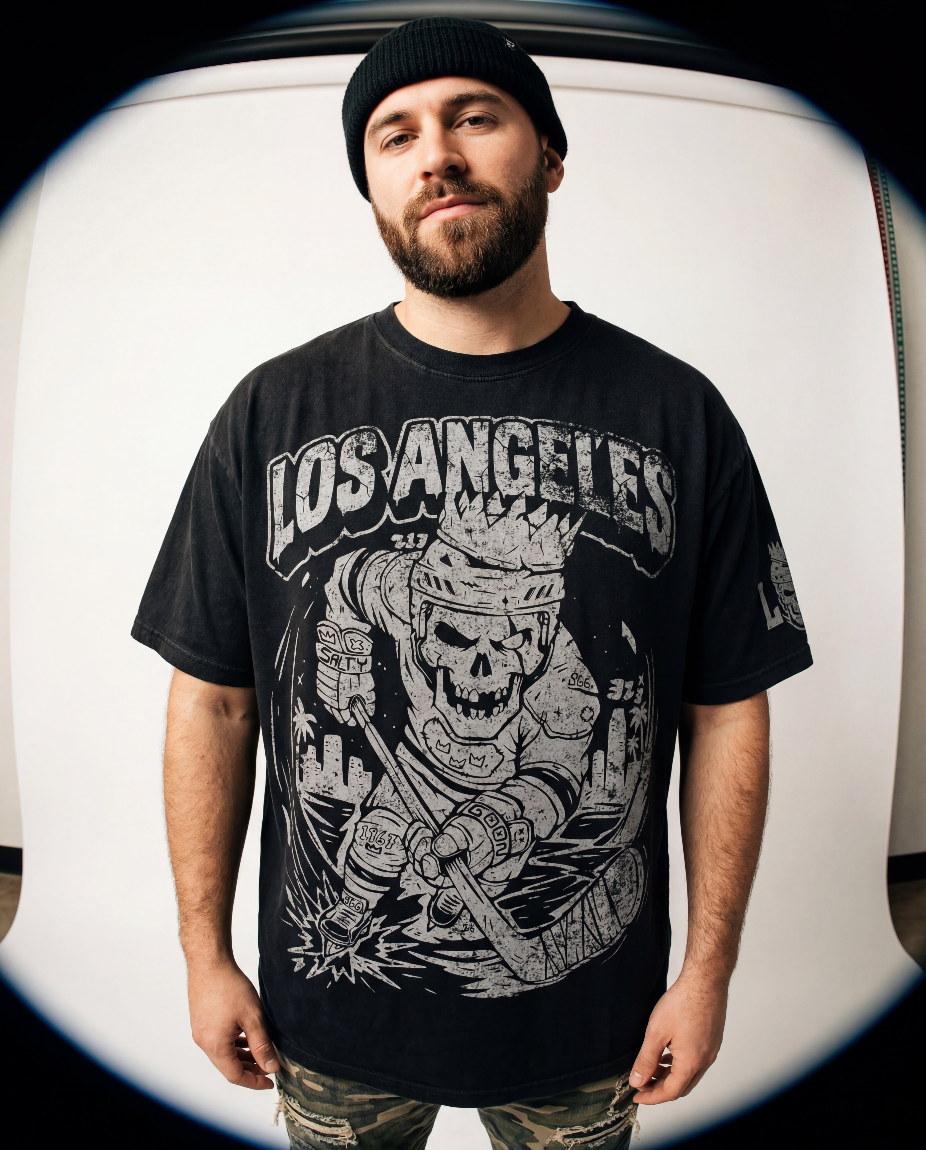 Los Angeles Royal Bones Front and Sleeve Black - Unisex Heavyweight Boxy T-Shirt (280GSM)