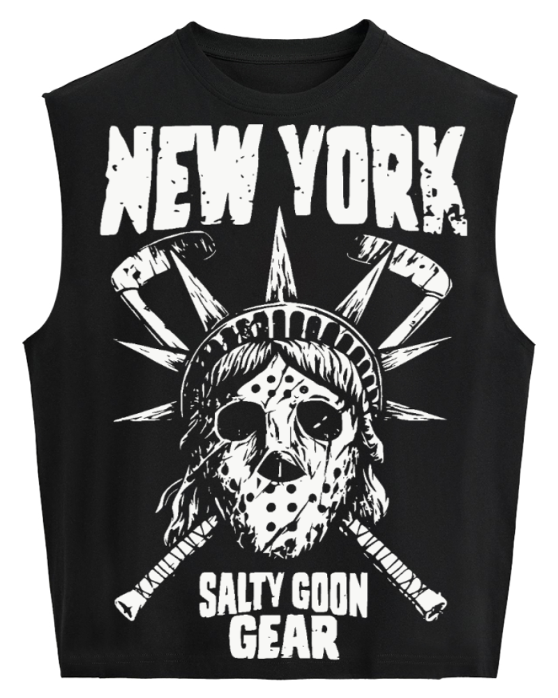 A black sleeveless tank top featuring a white graphic print of a hockey mask with the Statue of Liberty's crown, crossed hockey sticks, and distressed text reading 'NEW YORK' and 'SALTY GOON GEAR'.