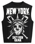 A black sleeveless tank top featuring a white graphic print of a hockey mask with the Statue of Liberty's crown, crossed hockey sticks, and distressed text reading 'NEW YORK' and 'SALTY GOON GEAR'.