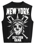 A black sleeveless tank top featuring a white graphic print of a hockey mask with the Statue of Liberty's crown, crossed hockey sticks, and distressed text reading 'NEW YORK' and 'SALTY GOON GEAR'.