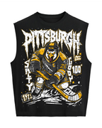 A black sleeveless muscle t-shirt featuring a distressed graphic of a Pittsburgh hockey player with the logo and 'Pittsburgh' text on the front.