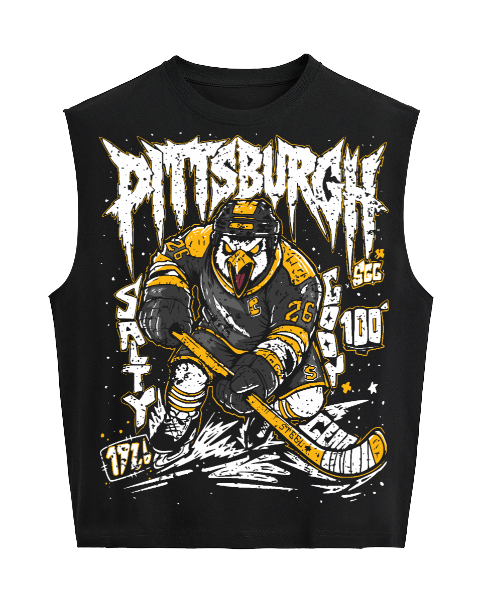 A black sleeveless muscle t-shirt featuring a distressed graphic of a Pittsburgh hockey player with the logo and 'Pittsburgh' text on the front.