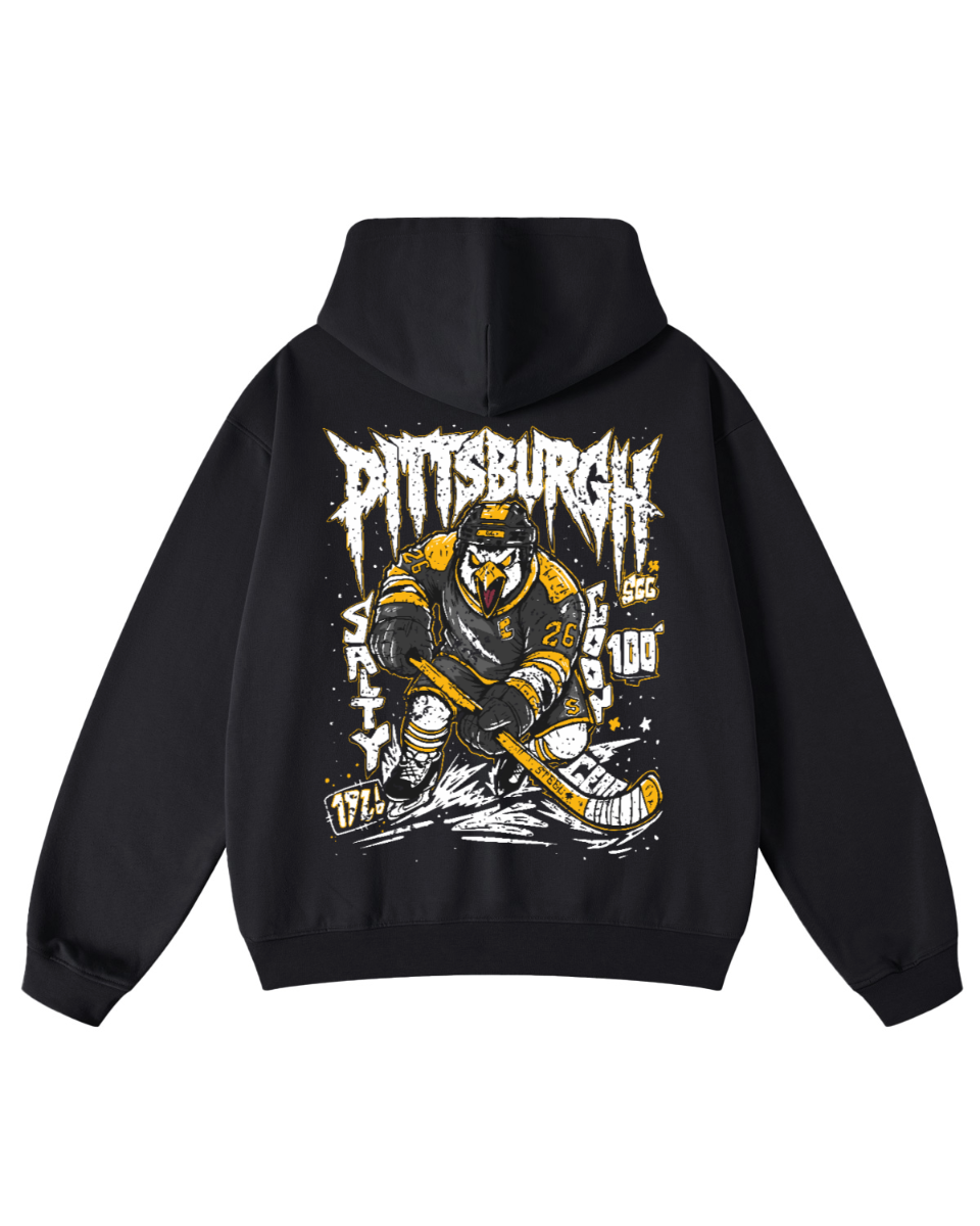 A black pullover hoodie shown from the back, featuring a large graphic print of a hockey player in yellow and black with the word 'Pittsburgh' in a distressed white font.