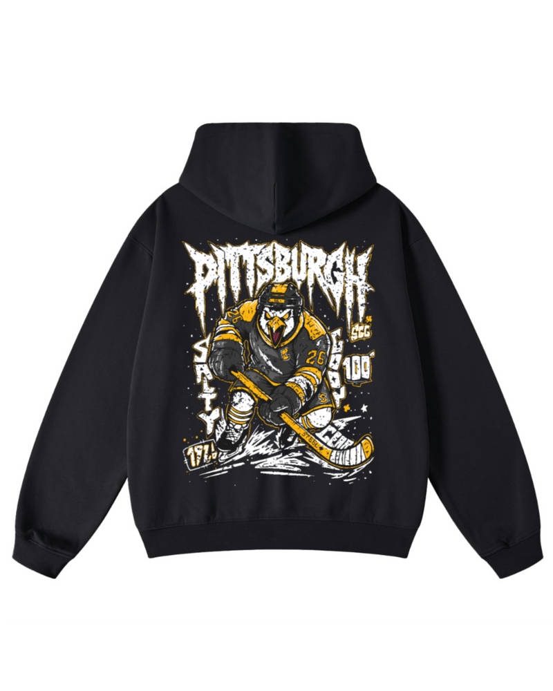 A black pullover hoodie shown from the back, featuring a large graphic print of a hockey player in yellow and black with the word 'Pittsburgh' in a distressed white font.