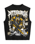 A black sleeveless muscle t-shirt featuring a distressed graphic of a Pittsburgh hockey player with the logo and 'Pittsburgh' text on the front.