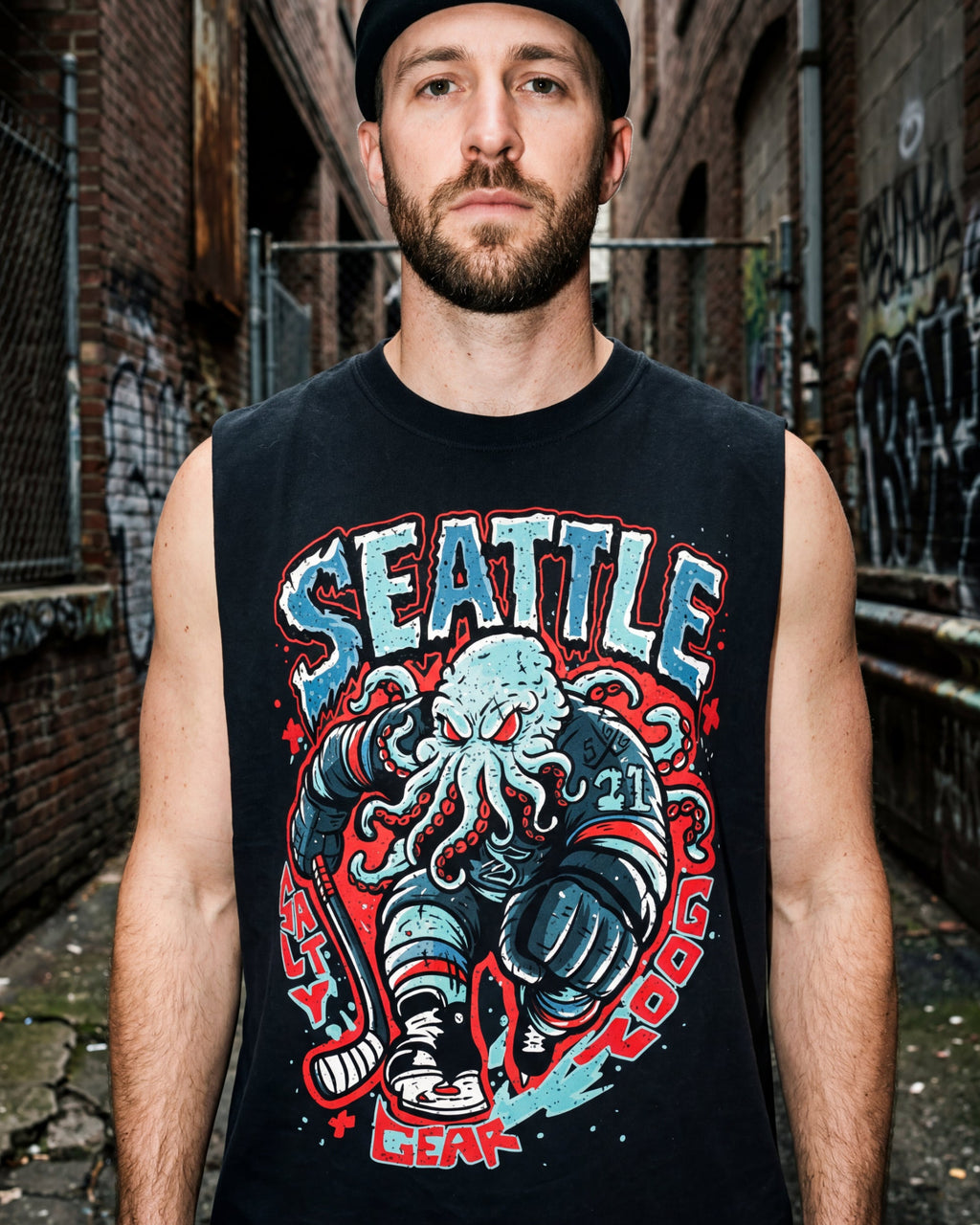 Man wearing muscle Tank Top with Seattle Ice Hockey Graphic from Salty Goon Gear