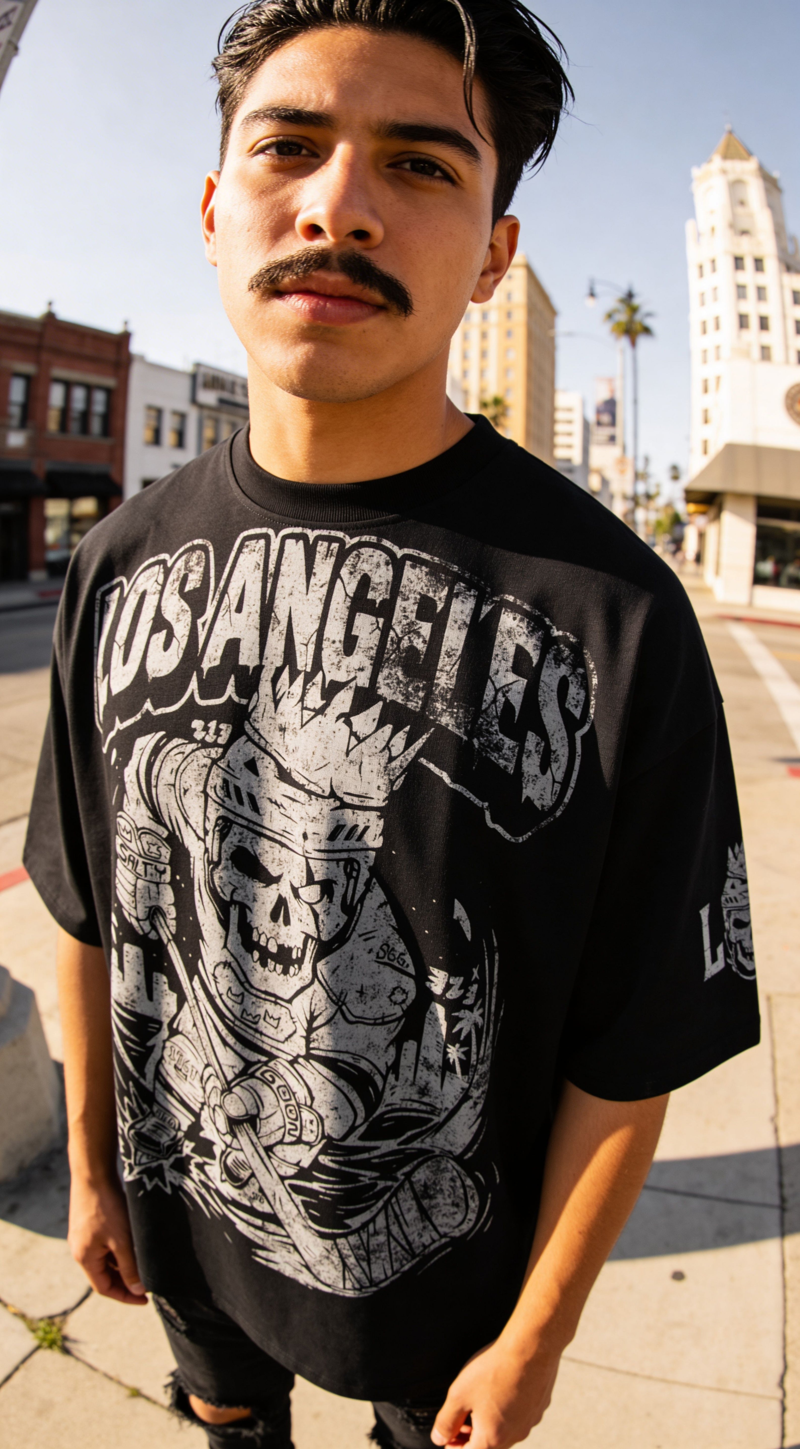 Los Angeles Royal Bones Front and Sleeve Black - Unisex Heavyweight Boxy T-Shirt (280GSM)