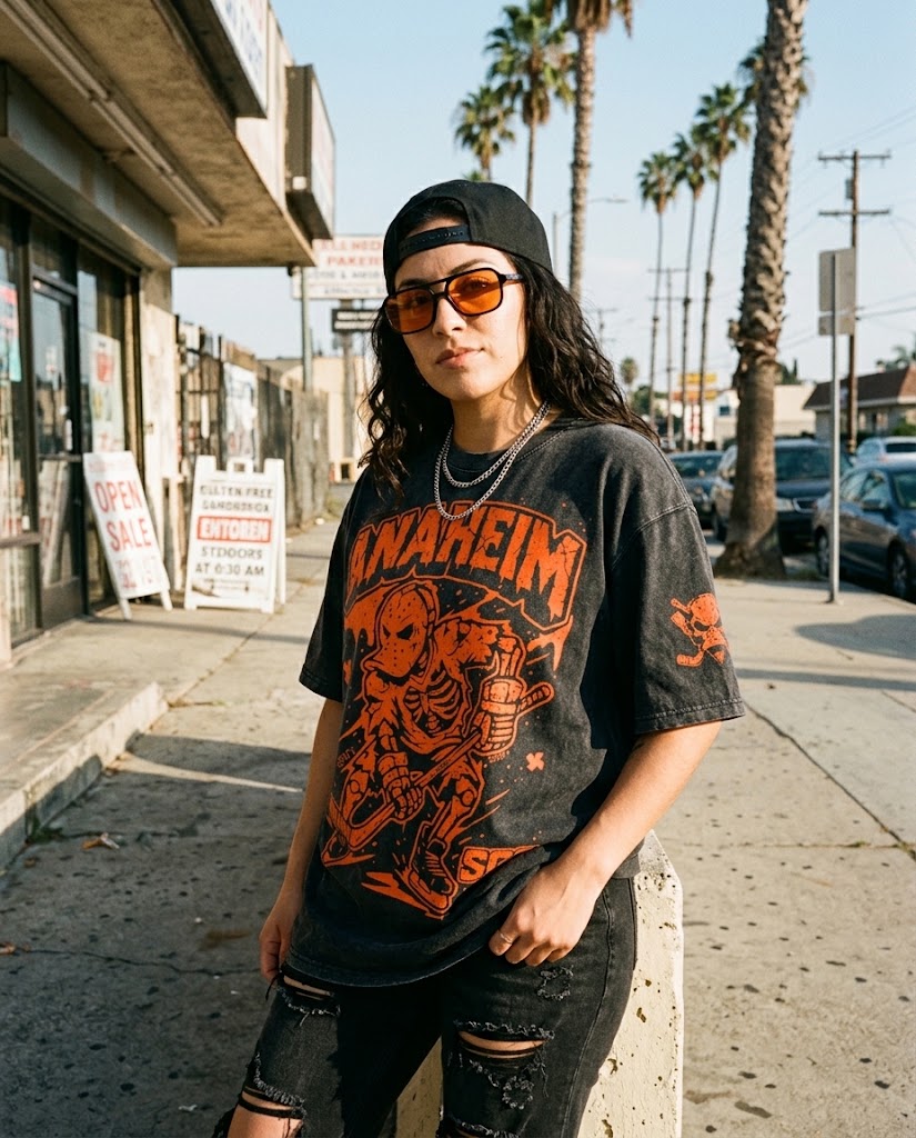hispanic woman wearing anaheim ice hockey salty goon gear tshirt 
