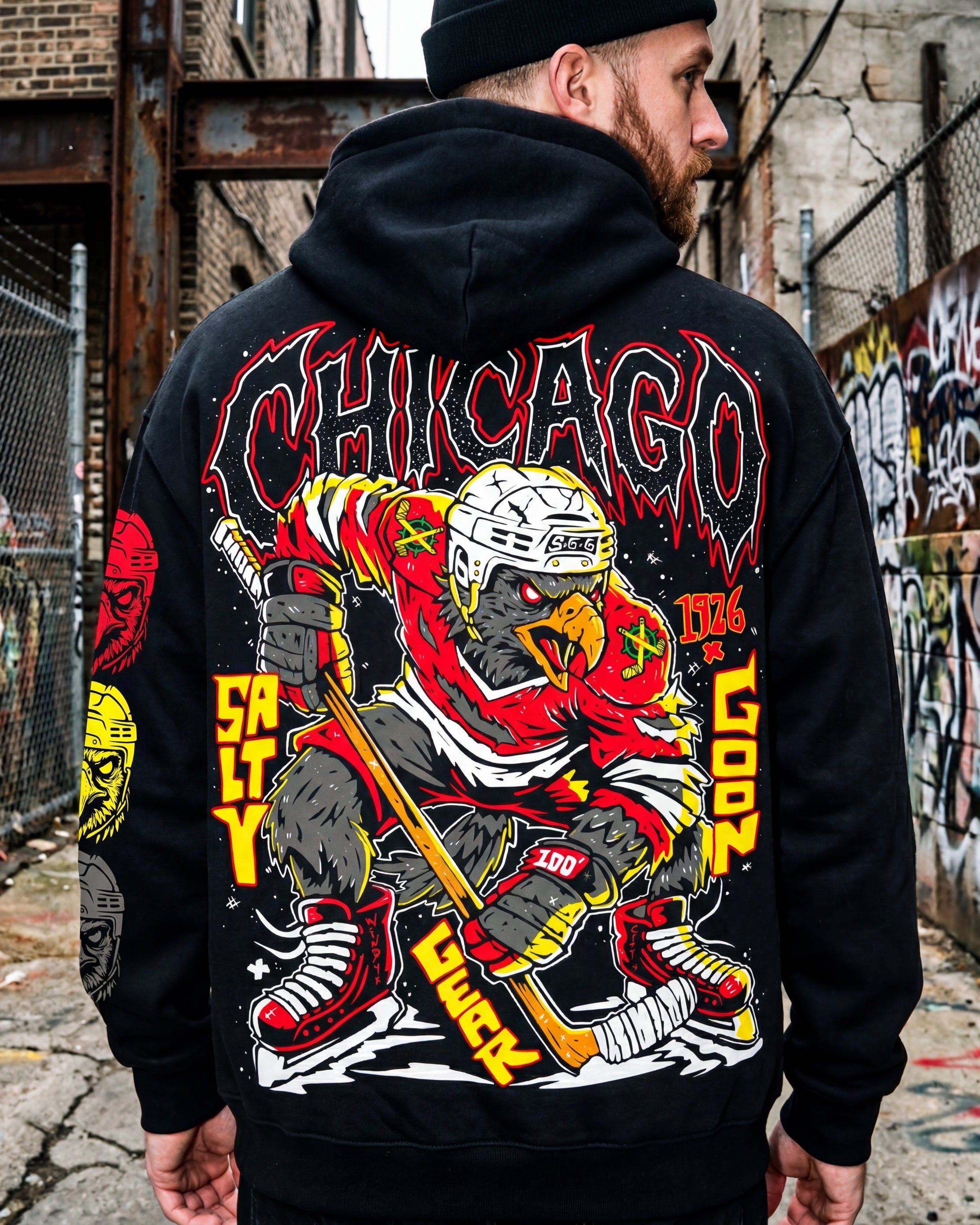 Person wearing a black hoodie with a colorful graphic design on the back, standing in an urban setting with graffiti.