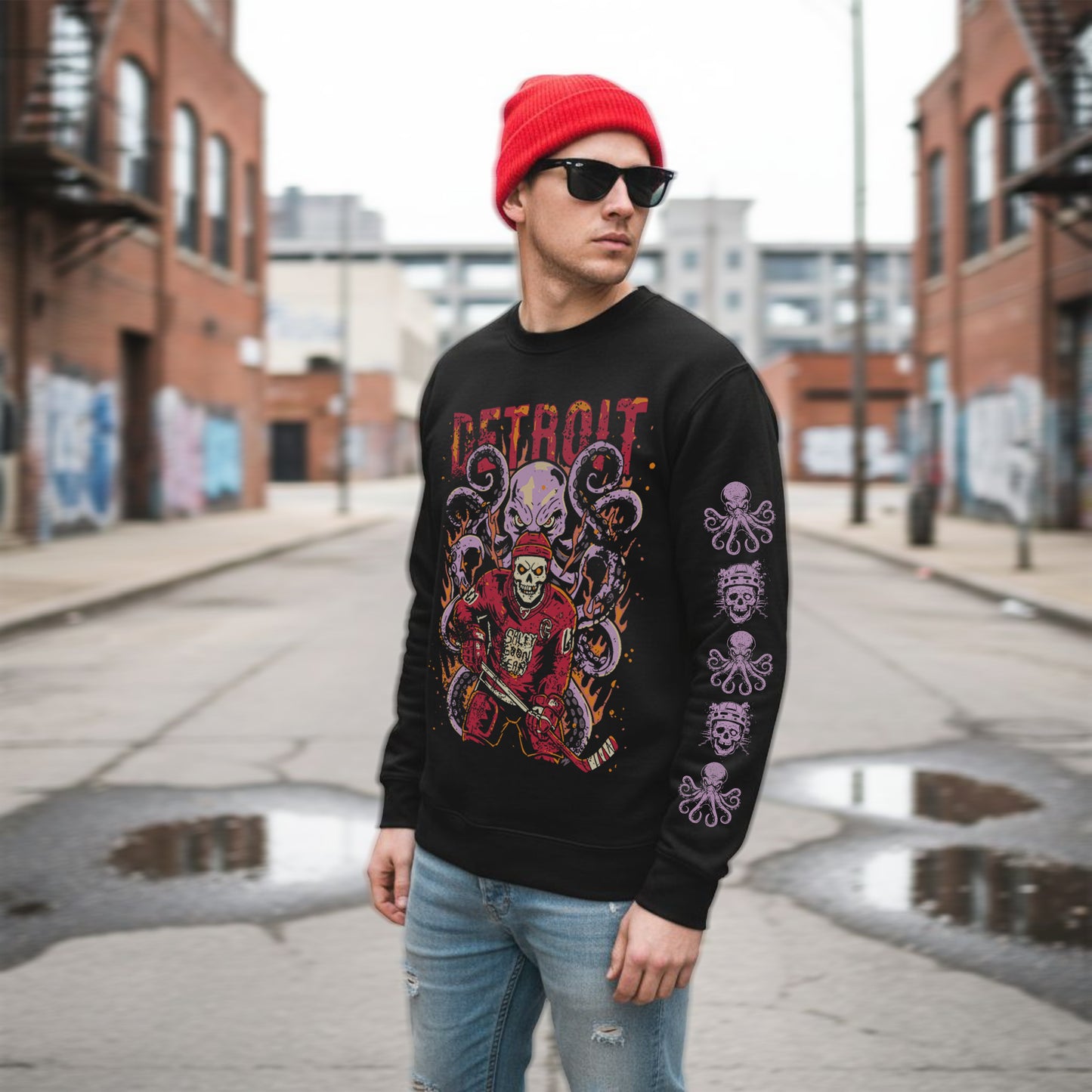 Detroit Red Line Reaper - Premium Ice Hockey Crewneck Sweatshirt - Salty Goon Gear