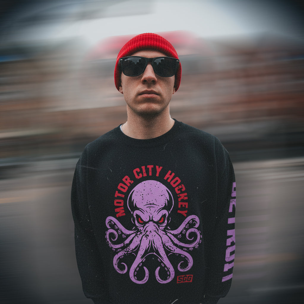 Motor City Hockey Crewneck Sweatshirt Front and Sleeve Print