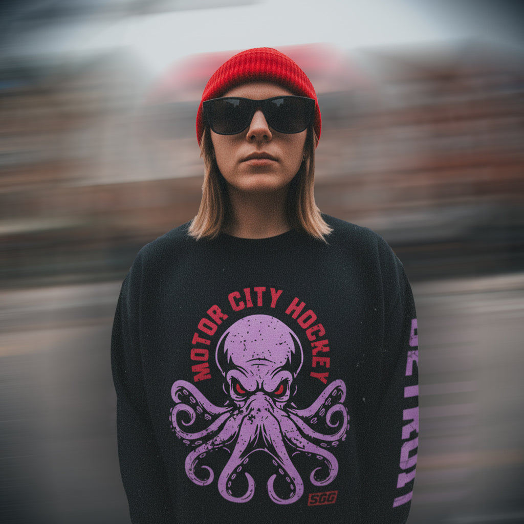 Motor City Hockey Crewneck Sweatshirt Front and Sleeve Print