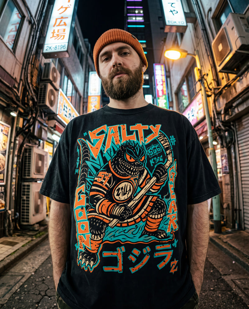 kaiju zilla Japanese monster ice hockey tee shirt  on man 