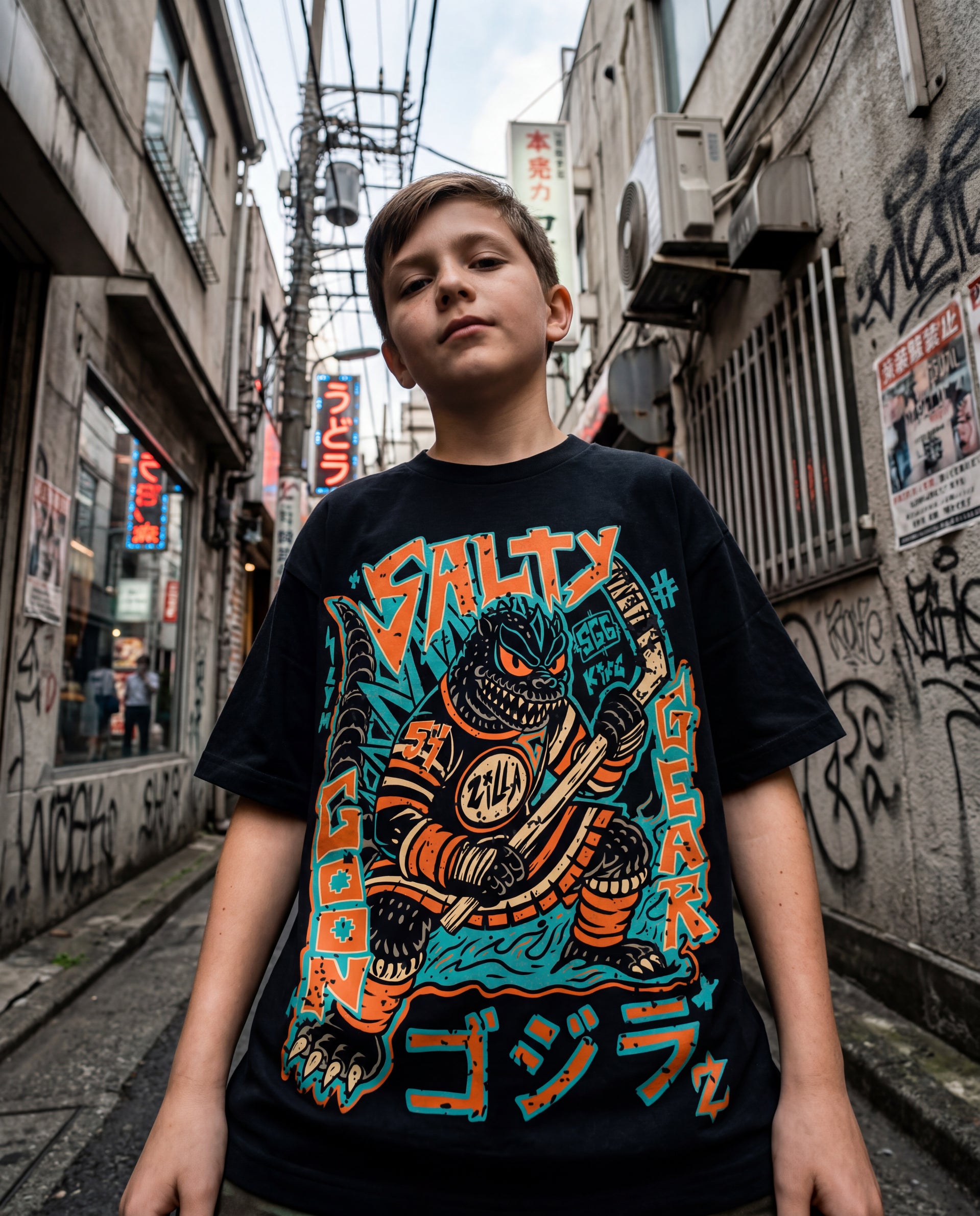 Kaiju Zilla Hockey Youth Tee shirt. Japanese Hockey Tshirt design. 