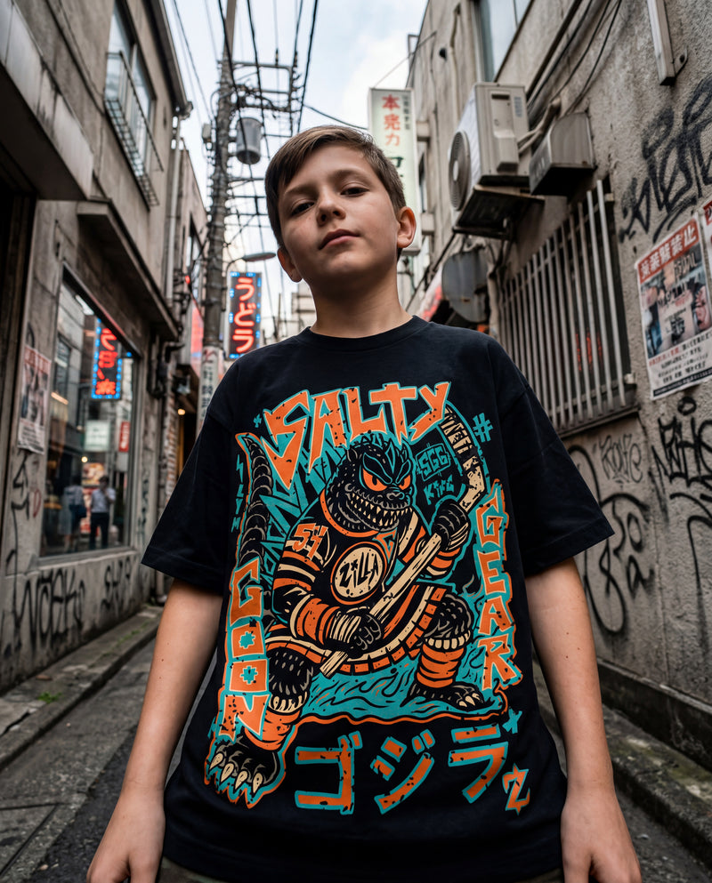 Kaiju Zilla Hockey Youth Tee shirt. Japanese Hockey Tshirt design. 