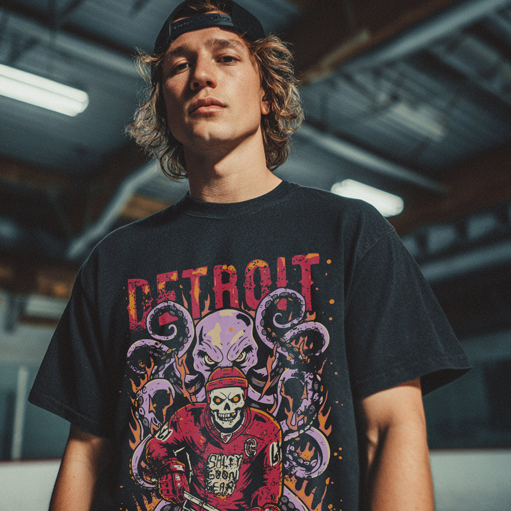 Detroit Ice Hockey tshirt, skeleton, octopus, alternative ice hockey apparel