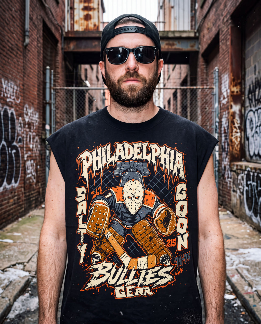 A man wearing a black sleeveless tank top with a Philadelphia Bullies hockey graphic, a black baseball cap, and sunglasses, standing in an urban alleyway with brick walls and graffiti.