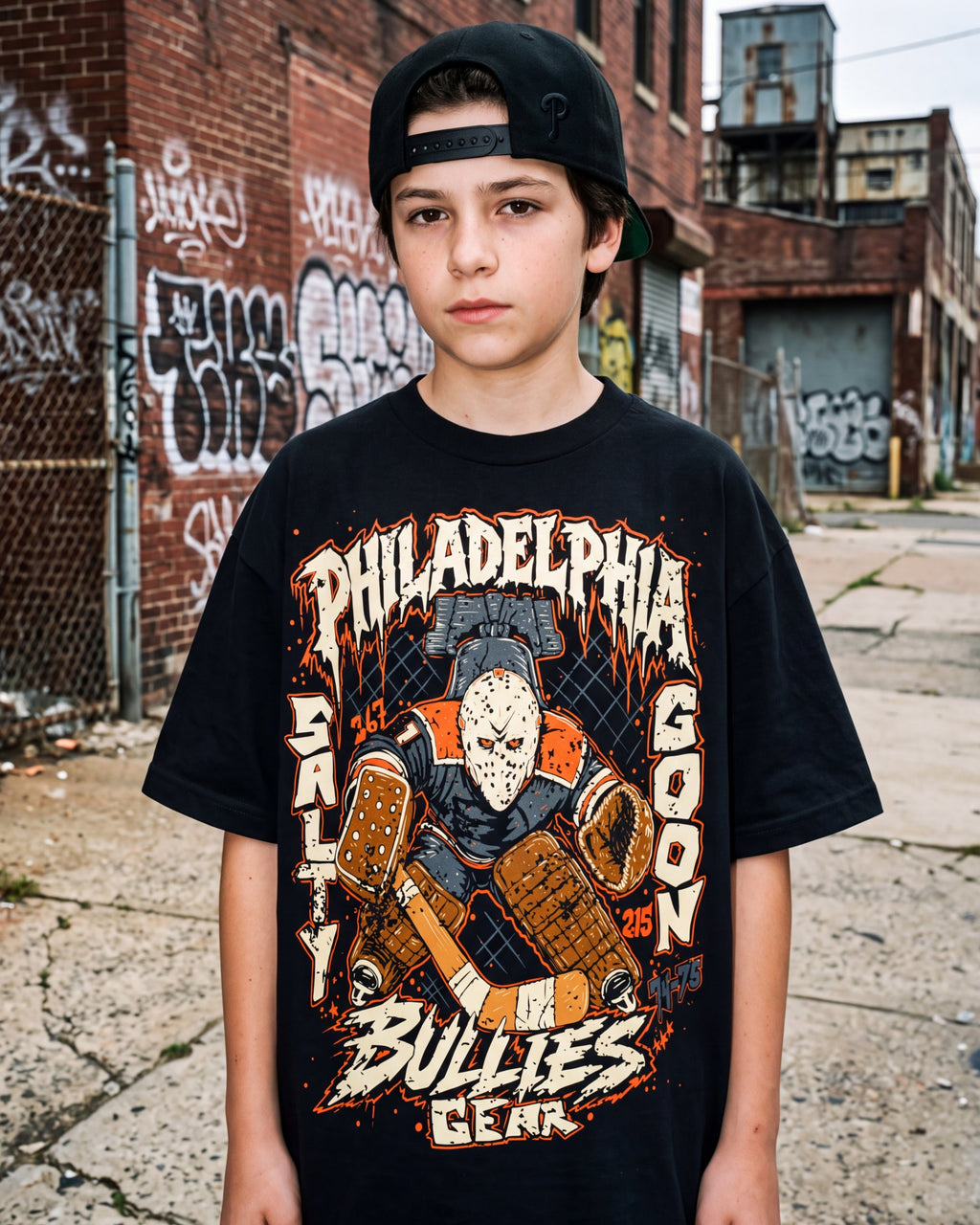 A young man wearing a black Philadelphia Bullies hockey graphic t-shirt and a black baseball cap, standing in an urban alleyway with graffiti walls.