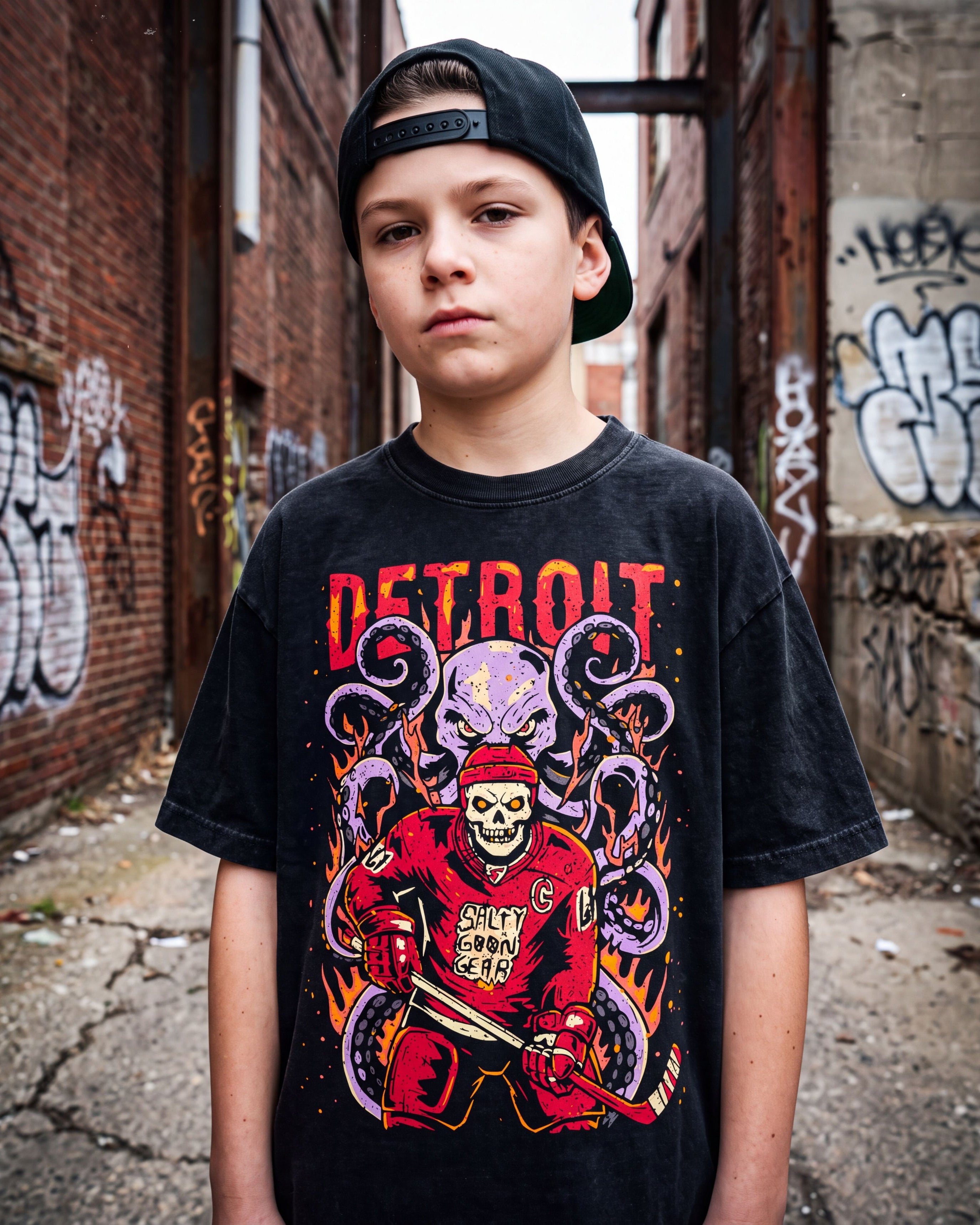 A young man wearing a black Detroit  graphic t-shirt and a black baseball cap, standing in an urban alleyway with brick walls and graffiti.