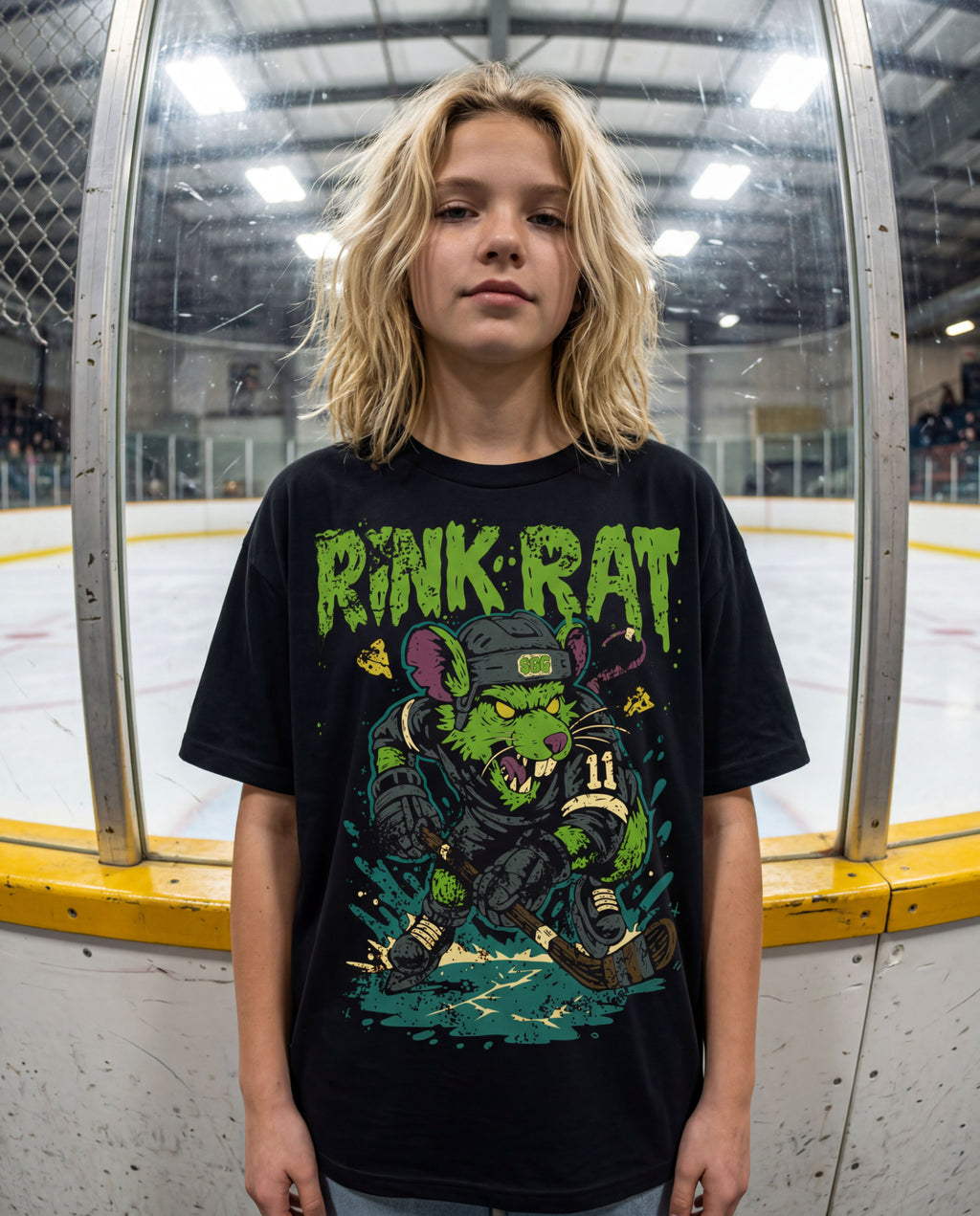 Rink Rat youth Hockey Tshirt on pre teen girl.