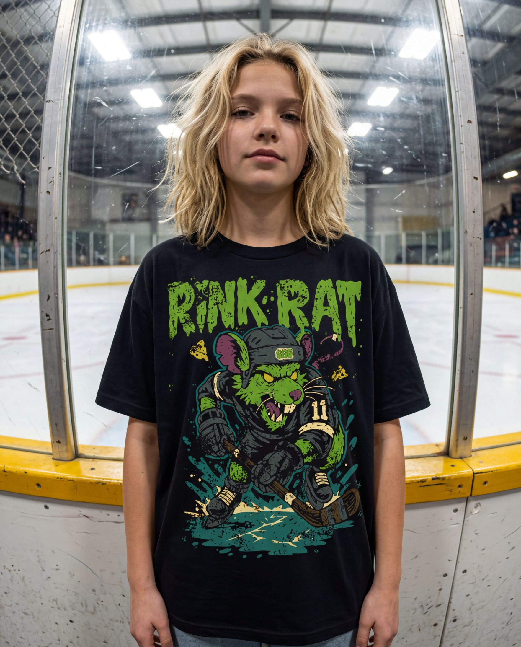 Rink Rat youth Hockey Tshirt on pre teen girl.