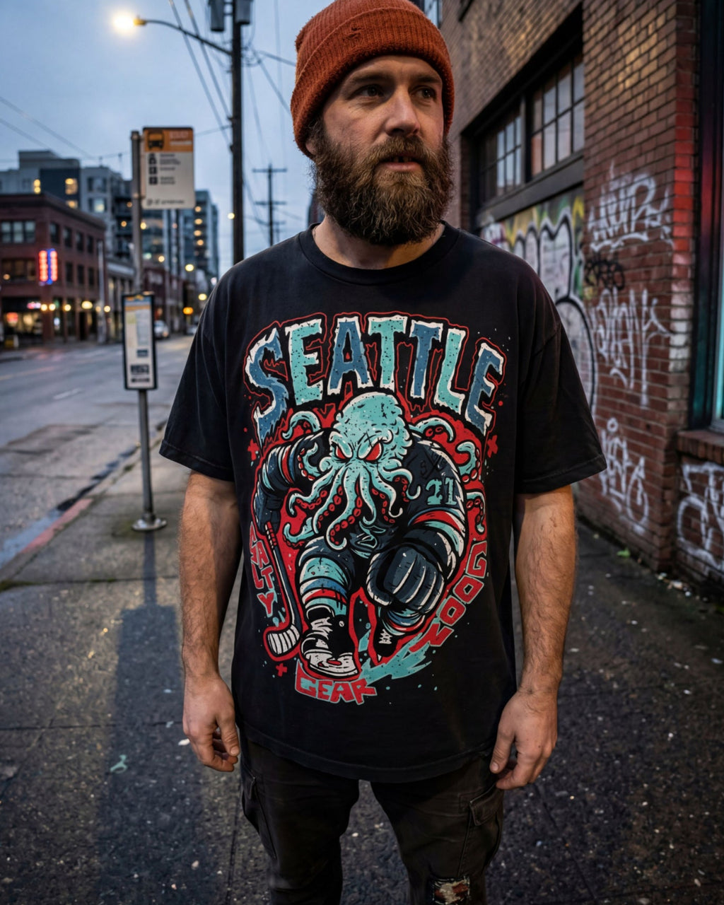 seattle hockey tshirt man wearing seattle hockey shirt in seattle streets 