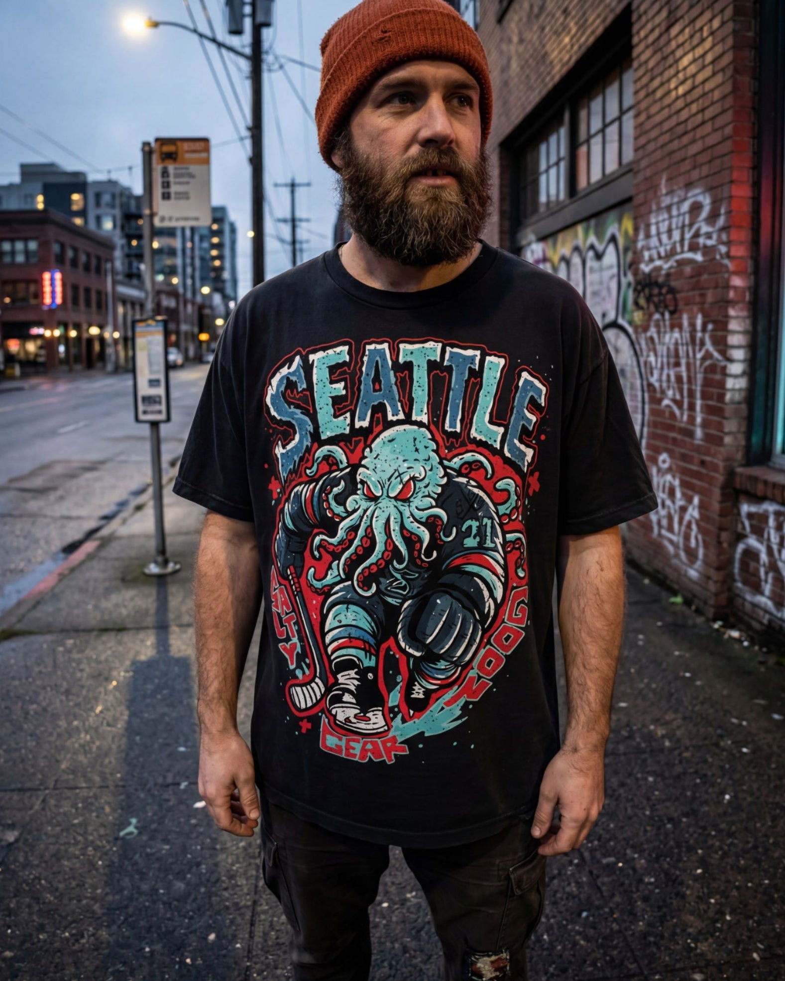 seattle hockey tshirt man wearing seattle hockey shirt in seattle streets 
