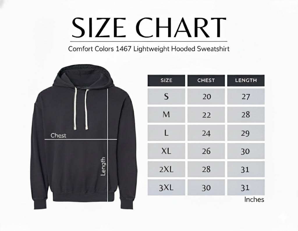 Size chart for Comfort Colors 1467 Lightweight Hooded Sweatshirt with a black hoodie on a white background.