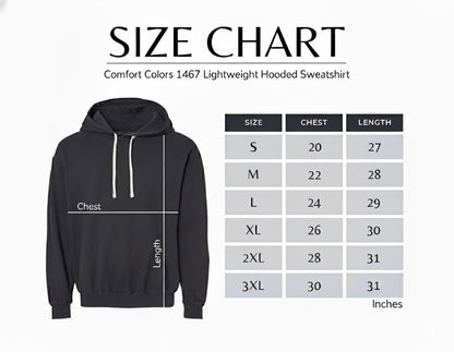 Size chart for Comfort Colors 1467 Lightweight Hooded Sweatshirt with a black hoodie on a white background.