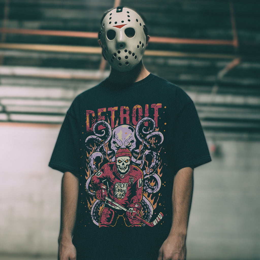 Detroit Ice Hockey tshirt, skeleton, octopus, alternative ice hockey apparel