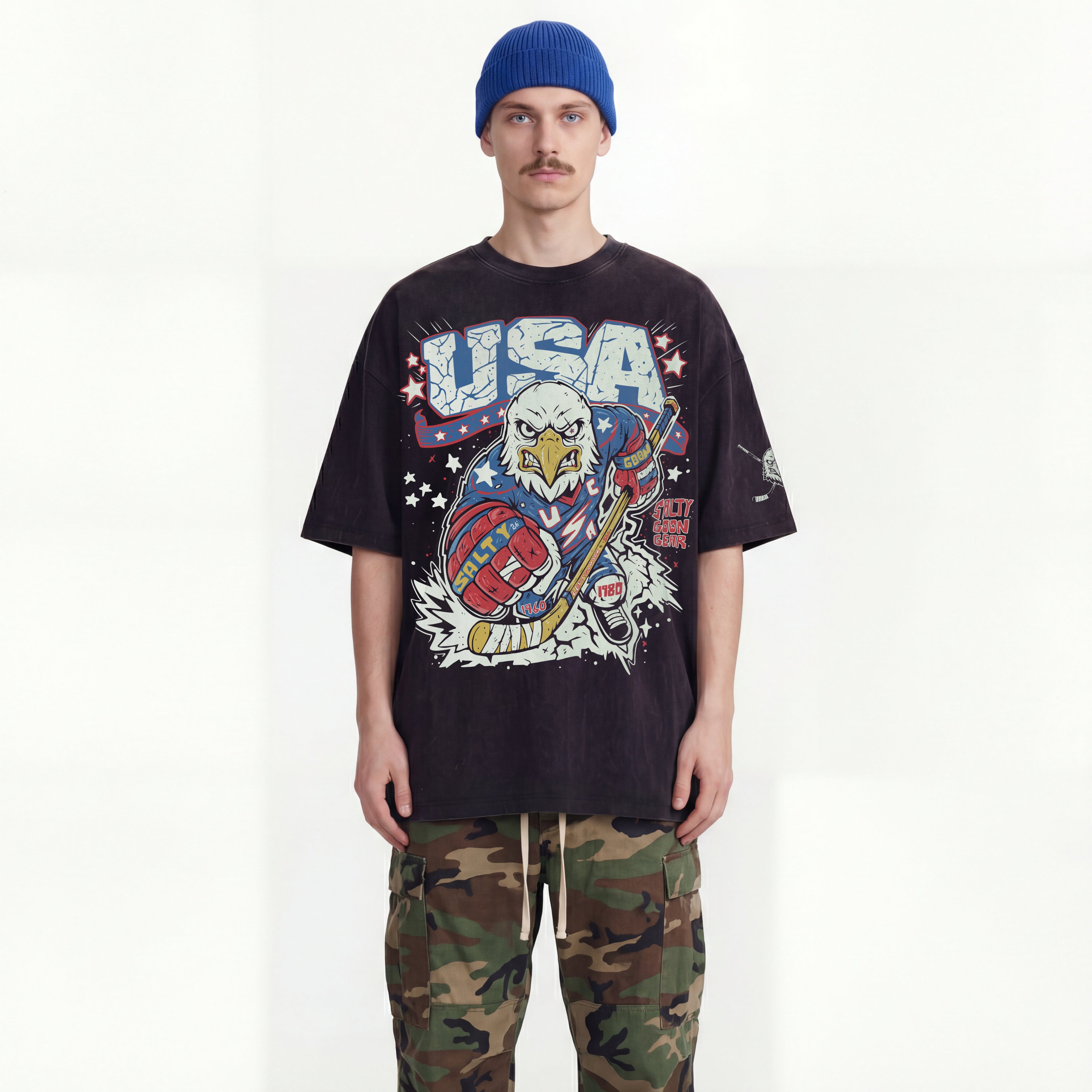 USA HOCKEY x SALTY GOON GEAR PREMIUM Ultra Heavyweight Oversized Snow-Wash T-Shirt (300GSM)