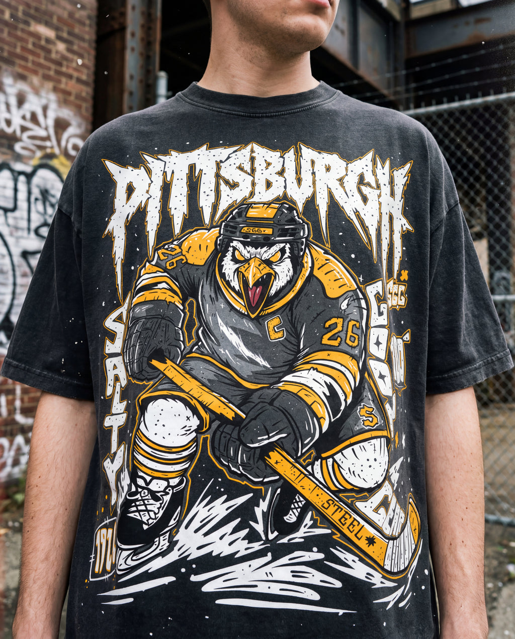 A person wearing a black Pittsburgh Hockey graphic t-shirt with a distressed wash, featuring a hockey player design and the team name in stylized lettering.