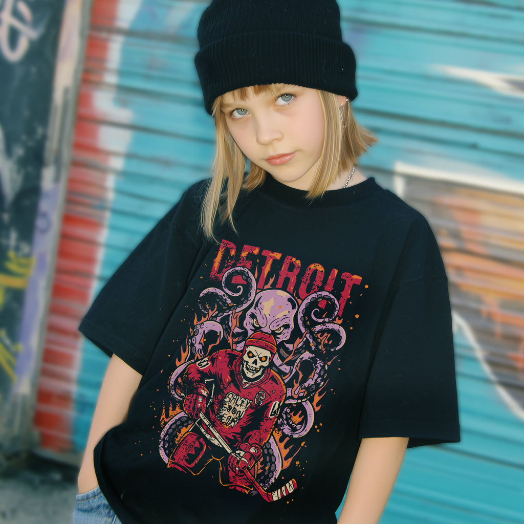 Detroit Red Line Reaper - Youth Ice Hockey Short Sleeve Tee - Salty Goon Gear