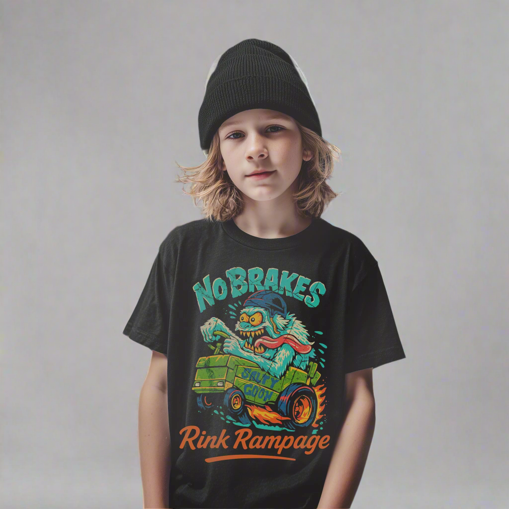 Child wearing a black t-shirt with 'No Brakes Rink Rampage' graphic design on an ice rink.