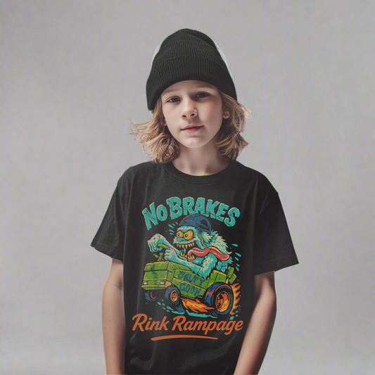 Child wearing a black t-shirt with 'No Brakes Rink Rampage' graphic design on an ice rink.
